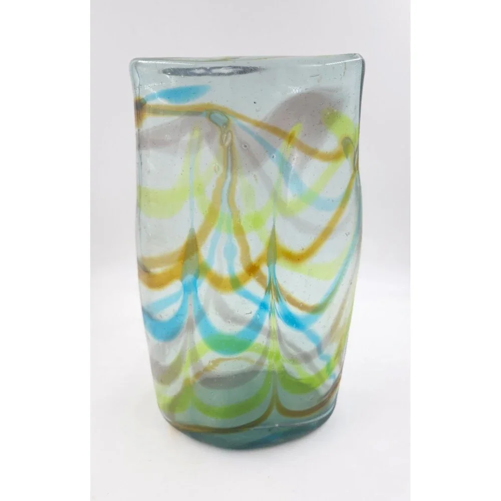 Vintage Lg Hand Blown Cased Art Glass Vase Blue Green Orange Stripes Unknown 11”